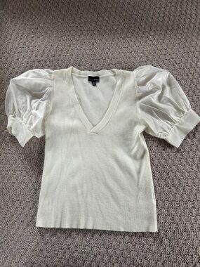 Lucy Paris Ivory V-Neck Knit Top with Puff Sheer Sleeves